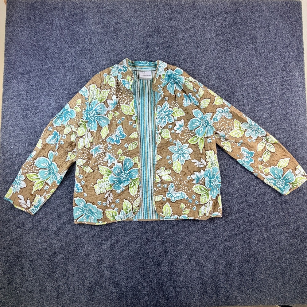 Alfred Dunner Open Front Jacket Womens 14P Brown Multi Floral Butterfly Cotton